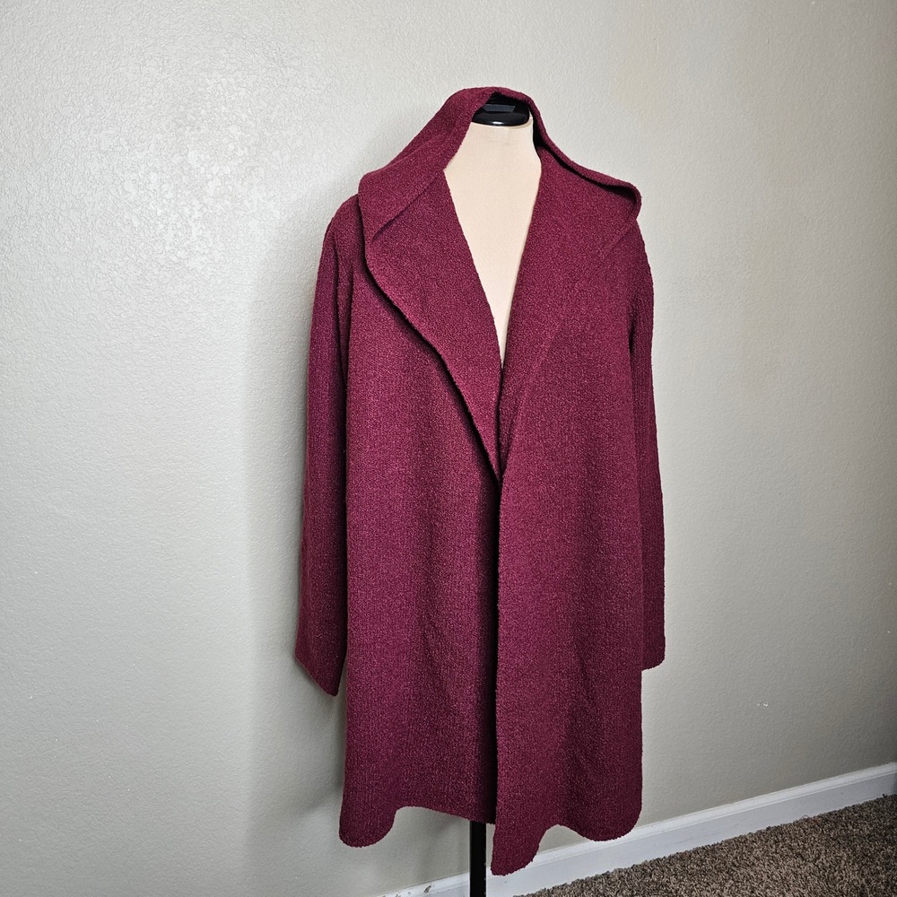 Eileen Fisher Burgundy Wool Hooded Open Front Cardigan Jacket Large